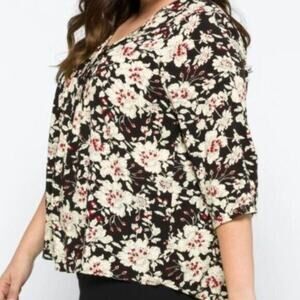 Fun2Fun Medium Maley Floral Pleated V-Neck Blouse Boho Top